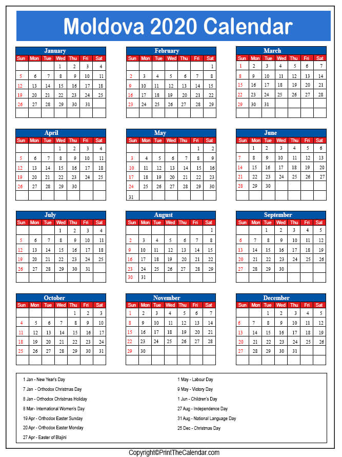 Moldova Printable Calendar 2020